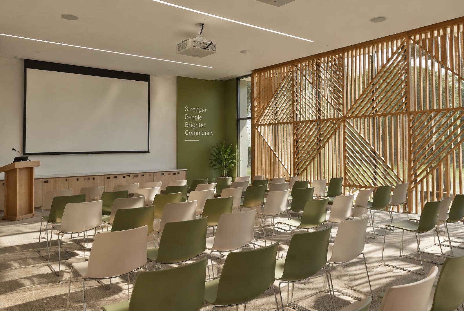 Sala preparada para uma palestra comunitária, com cadeiras dispostas em fileiras